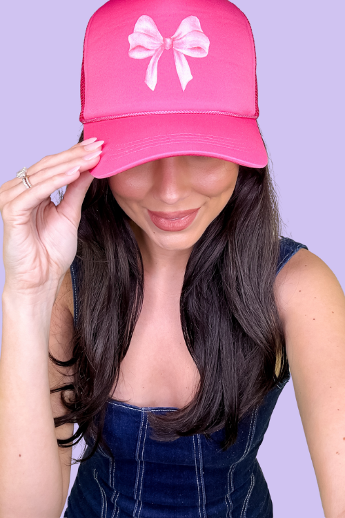 Pink Trucker Hat Bow detailing on front of hat Snap closure at back One Size Fits All