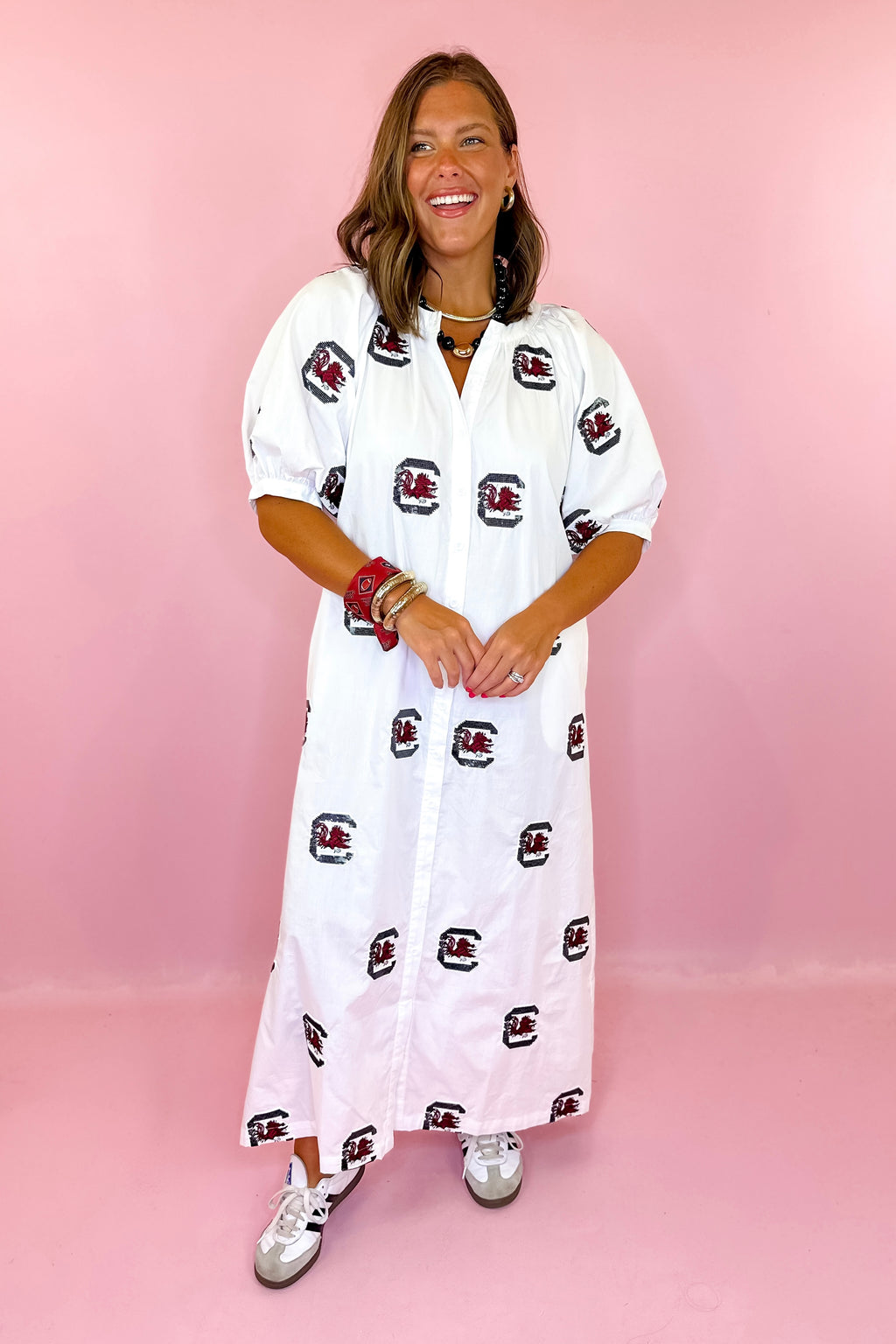 Queen Of Sparkles: Licensed USC White Scattered Mascot Midi Button Up Dress XS