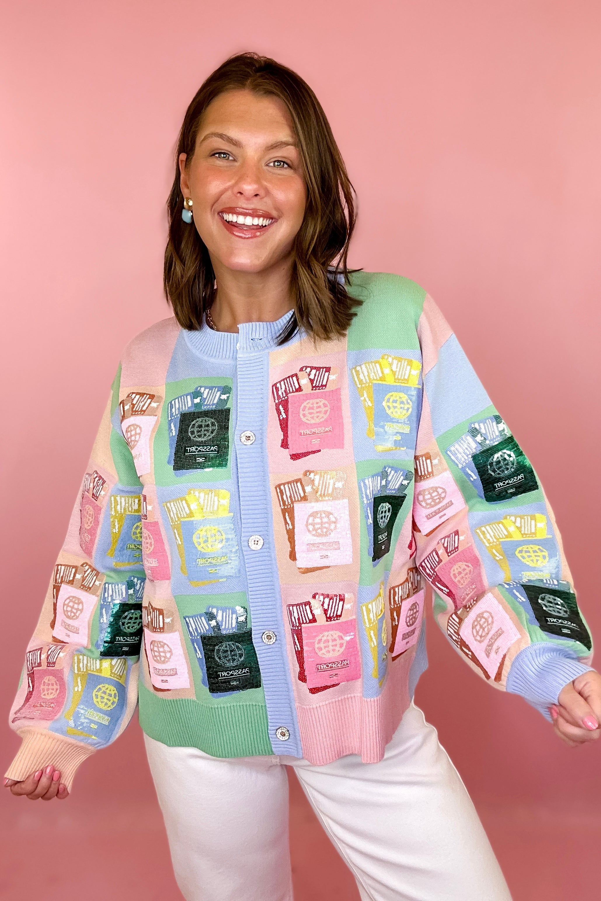 Queen Of Sparkles: Multi Colorblock Passport Button Up Cardigan
