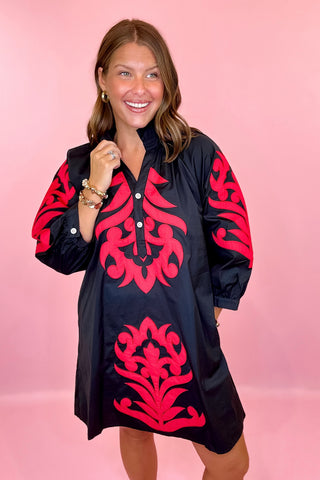 Always On My Mind Embroidered Mini Dress - Black/Crimson