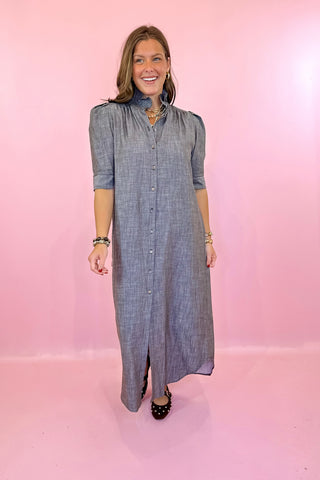 Adrienne: Nina Denim Midi Dress - Chesnut