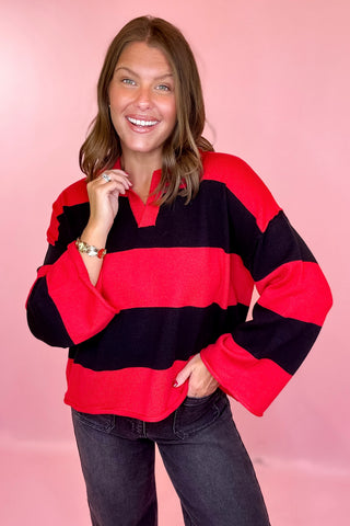 Oversized Gameday Rugby Stripe Sweater - Red/Black