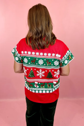 Queen Of Sparkles: Red & Green Striped Snowflake Christmas Icon Tee