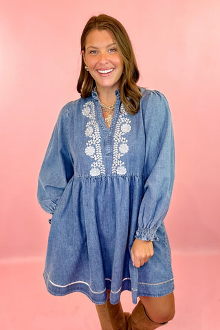 On The Move Embroidered Denim Mini Dress