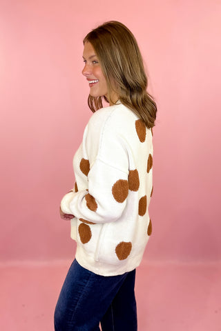 Oversized Textured Polka Dot Knit Sweater - Ivory/Brown