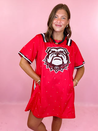Queen Of Sparkles: Licensed UGA Cotton Scattered Jewel Sequin Mascot Jersey Short Sleeve Dress