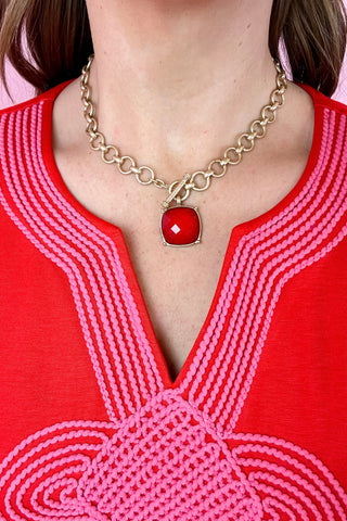 Square Stone Pendant Necklace - Red