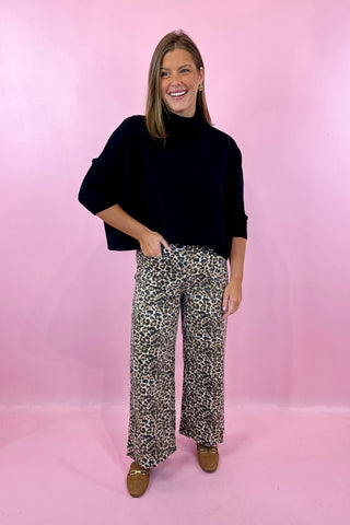 Stretch Twill Leopard Wide Leg Pants