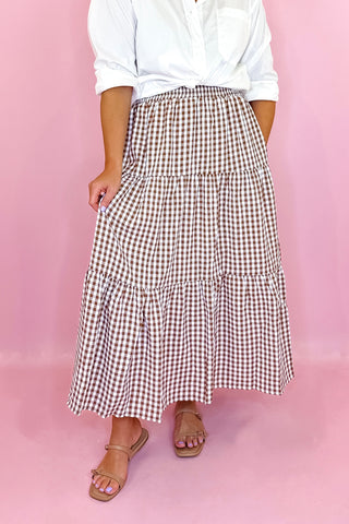 Dockside Plans Gingham Midi Skirt - Brown