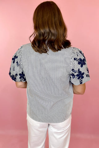 Make It Count Embroidered Stripe Button Down Top - Navy