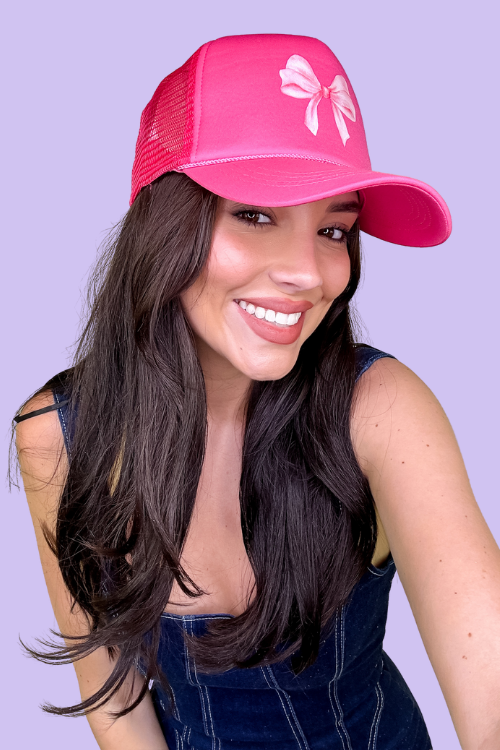 Pink Trucker Hat Bow detailing on front of hat Snap closure at back One Size Fits All