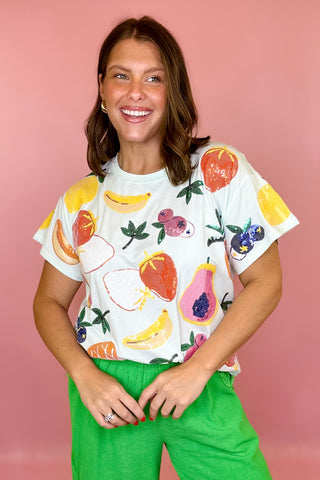 Queen Of Sparkles: Light Blue Multi Fruit Tee