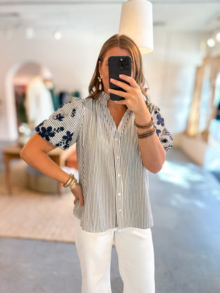 Make It Count Embroidered Stripe Button Down Top - Navy