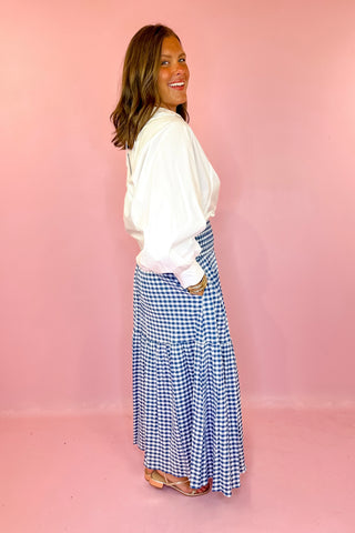 Adrienne: Aerin Seersucker Gingham Midi Skirt - Navy