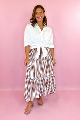 Dockside Plans Gingham Midi Skirt - Brown