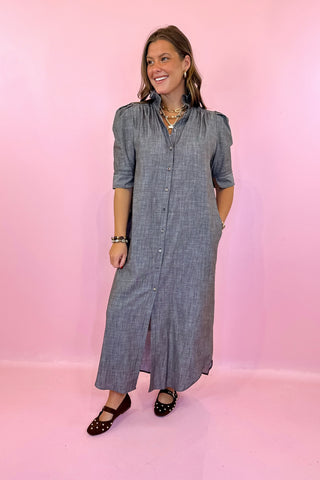 Adrienne: Nina Denim Midi Dress - Chesnut