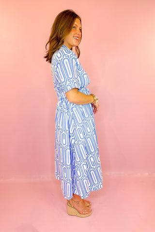 A Beautiful Becoming Geometric Midi Dress - Blue