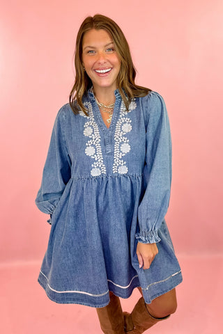 On The Move Embroidered Denim Mini Dress