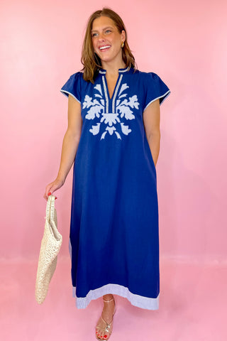 Say It Again Embroidered Midi Dress - Navy