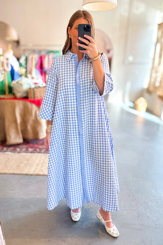 Take Another Chance Gingham Midi Dress - Soft Blue