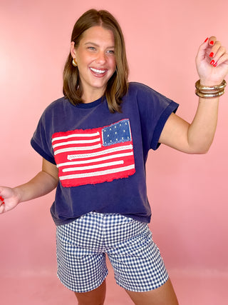 Sophie Gingham Mom Shorts - Washed Navy