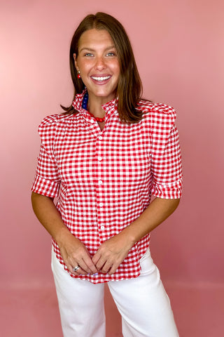 Adrienne: Jodie Gingham Ruffle Top - Red