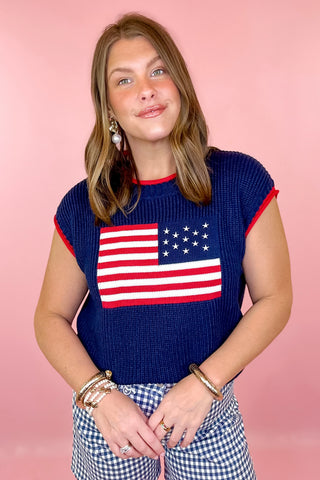 American Flag Short Sleeve Sweater - Navy