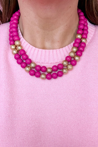 Double Strand Beaded Choker Necklace- Fuchsia