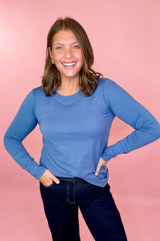 Simple Style Long Sleeve Tee - Blue