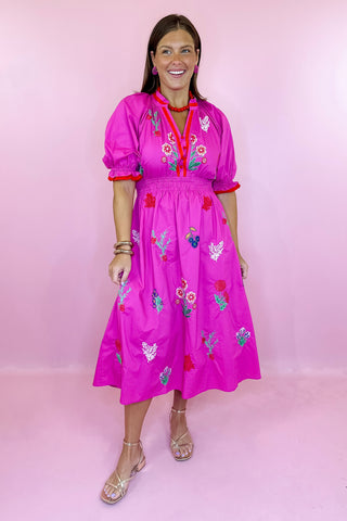 Daydream Floral Embroidered Midi Dress - Fuchsia