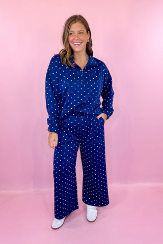 Polka Dot Half Zip Pullover & Wide Leg Pant Scuba Knit Set - Navy