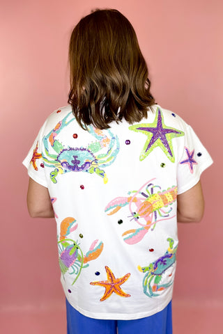 Queen Of Sparkles: White Multi Crab & Lobster Tee