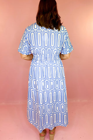 A Beautiful Becoming Geometric Midi Dress - Blue