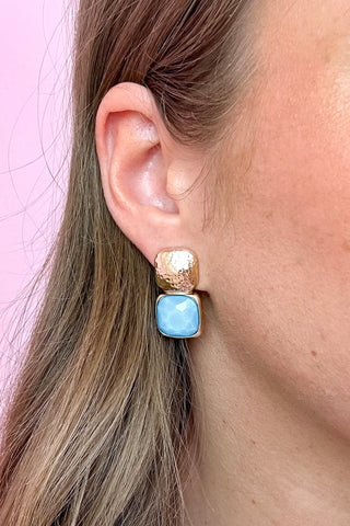 Bold Square Stone Textured Earrings - Aqua