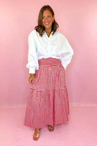 Adrienne: Aerin Seersucker Gingham Midi Skirt - Red