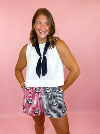 Queen Of Sparkles: Licensed UGA Colorblock Gingham Mascot Cotton Shorts