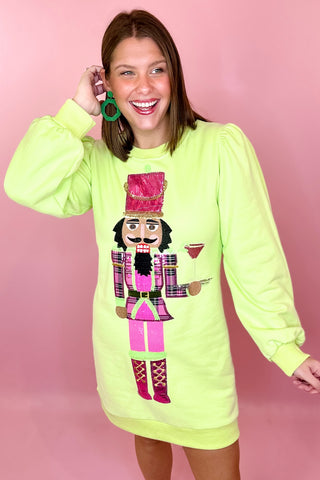 Queen Of Sparkles: Nutcracker Serving Cocktails Sweatshirt Dress - Bright Green & Pink
