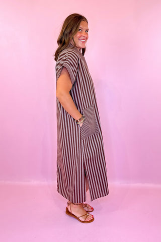 Drawn To You Striped Midi Dress - Brown