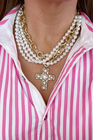 4 Layer Pearl Cross Necklace
