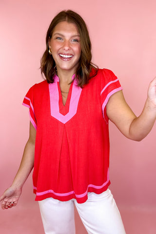 Basic Luxuries Linen Ruffle Top - Red/Pink