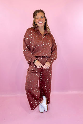 Polka Dot Half Zip Pullover & Wide Leg Pant Scuba Knit Set - Brown