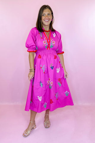 Daydream Floral Embroidered Midi Dress - Fuchsia