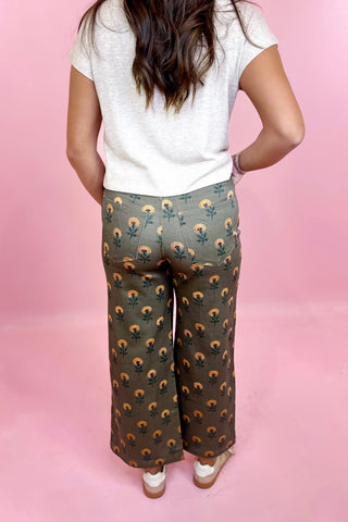 Young Heart Floral Wide Leg Pants - Olive