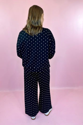 Polka Dot Half Zip Pullover & Wide Leg Pant Scuba Knit Set - Black