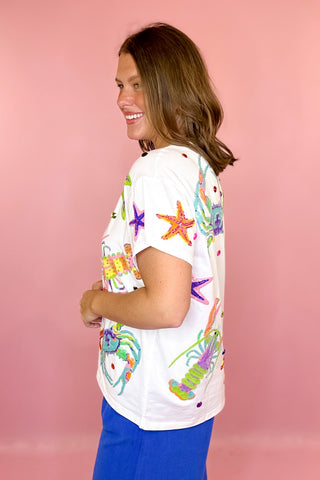 Queen Of Sparkles: White Multi Crab & Lobster Tee