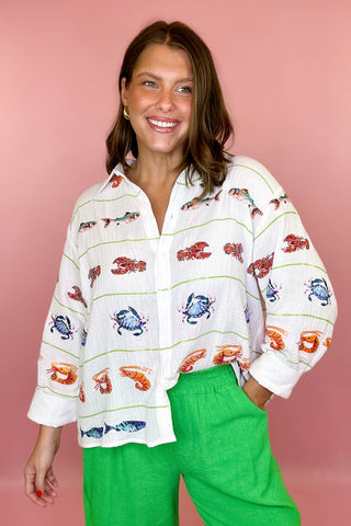 Queen Of Sparkles: Striped Seafood Gauze Button Up Top
