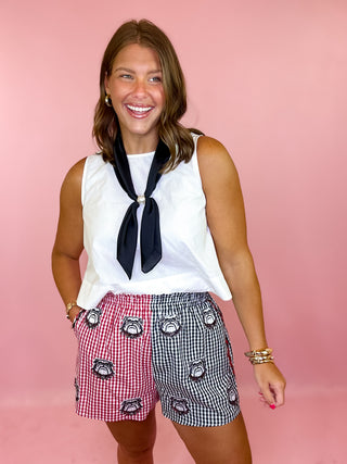 Queen Of Sparkles: Licensed UGA Colorblock Gingham Mascot Cotton Shorts