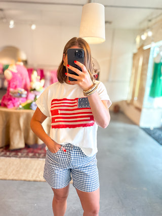 Sophie Gingham Mom Shorts - Washed Navy