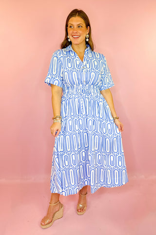 A Beautiful Becoming Geometric Midi Dress - Blue