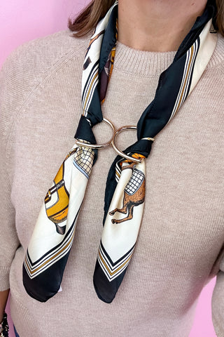 Multi Equestrian Silky Scarf - Blue/Toffee
